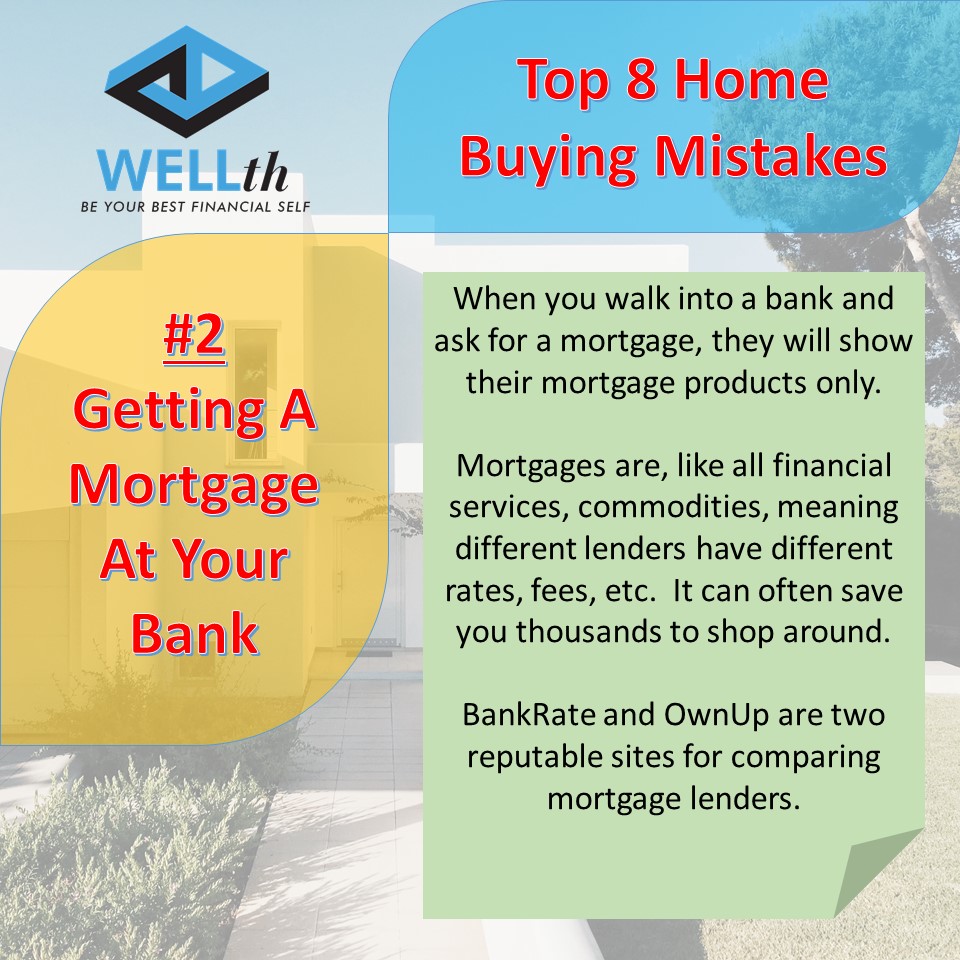 Infographic describing top home buying mistakes - one should avoid getting a mortgage at their local bank because virtual lenders often have lower rates and fees