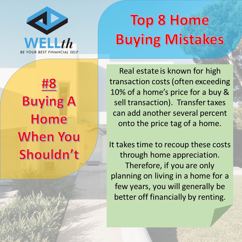 Infographic detailing home buying mistakes. Because transaction costs are high, one should not buy a home if they are only planning on owning it for a short time.