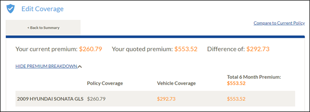 Snapshot from Geico showing how much my insurance premium falls if I waive insuring my own car against damage