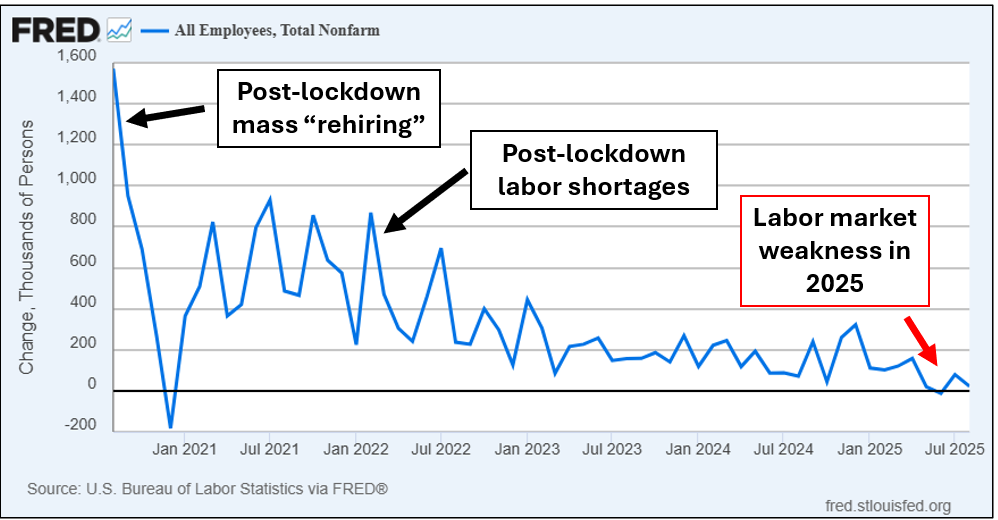 "US labor market trends 2021-2025: Nonfarm employment changes highlighting post-lockdown rehiring, labor shortages, and 2025 employment slowdown"